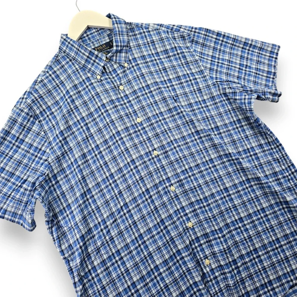 Polo Ralph Lauren Men XL Blue Plaid Performance Nylon Stretch Short Sleeve Shirt